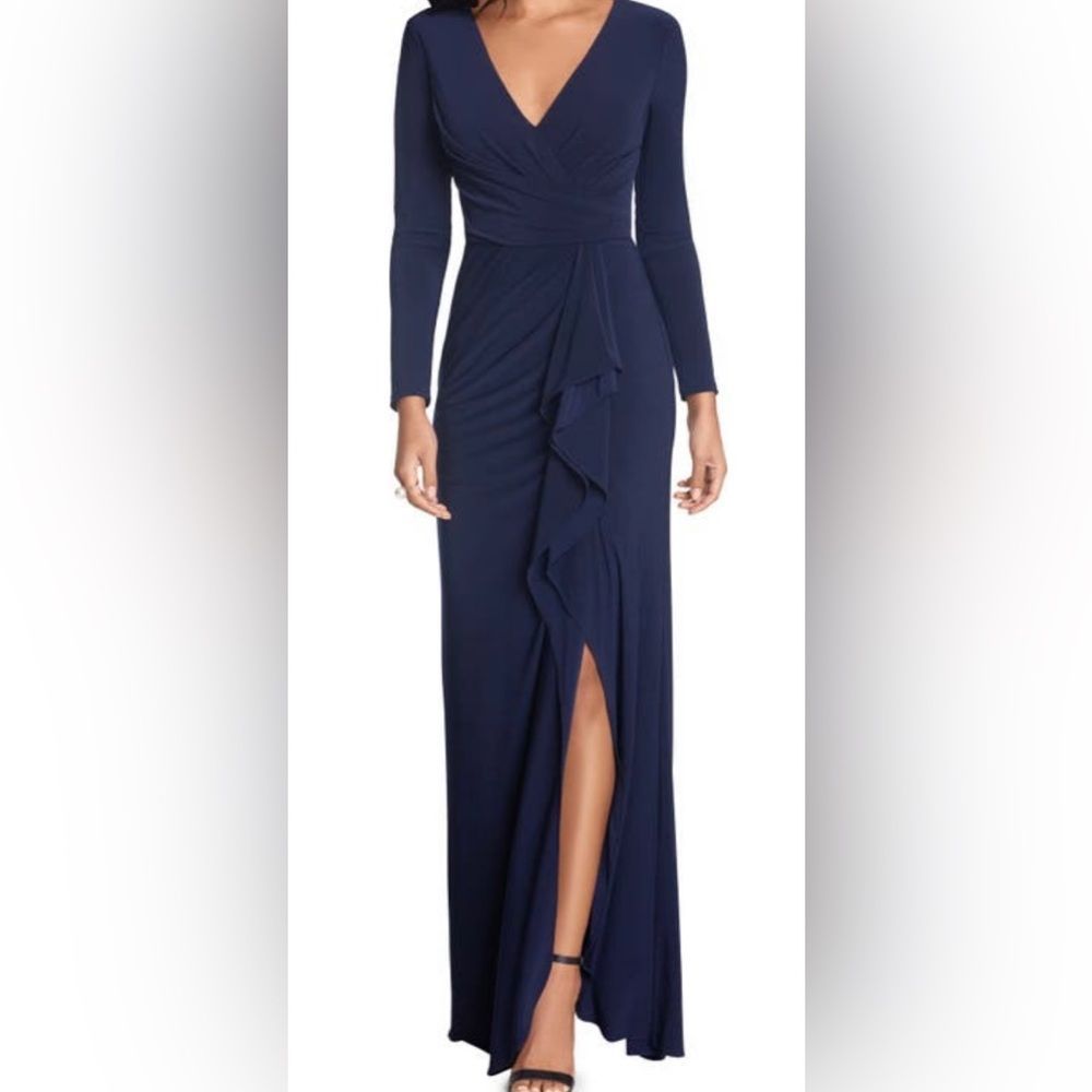 Betsy & Adam NWT Elle cascade side slit ruffled long sleeves Jersey dress 10